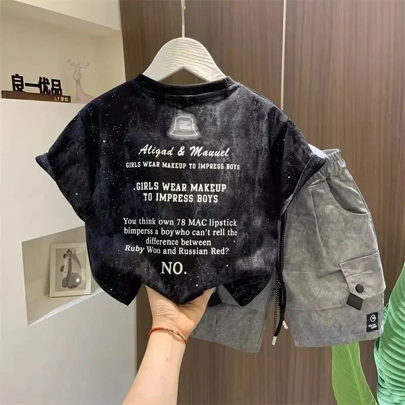 Children Boutique Summer Outfits 2025 New Boys Sleeveless Hat Letter T-Shirt And Pocket Shorts 2pcs Fashion Set Kid Sport Suit - Mom & Kids