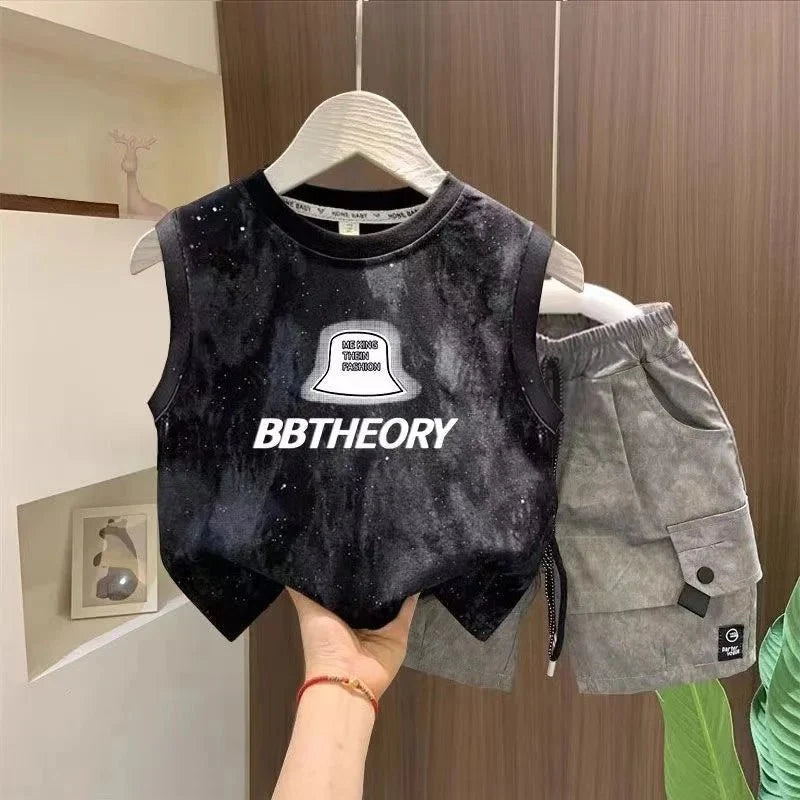 Children Boutique Summer Outfits 2025 New Boys Sleeveless Hat Letter T-Shirt And Pocket Shorts 2pcs Fashion Set Kid Sport Suit - Mom & Kids
