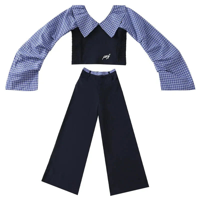 Children Girls Clothing Set Spring Autumn Plaid Long Sleeve Patchwork Shirts + Pants 2pcs School Kids Suit for Teen Girl Clothes - Mom & Kids