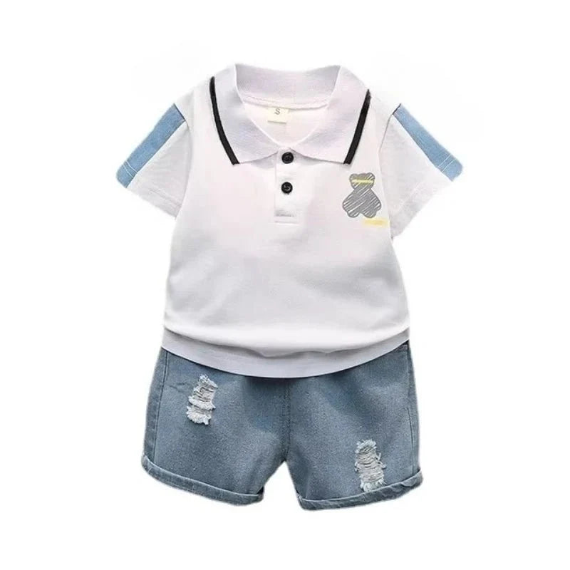 Children Summer Fashion Baby Boys Clothes Cartoon Bear T-shirt Denim Shorts 2pcs/sets Kids Outfits Costume Casual Sports Suit - Mom & Kids