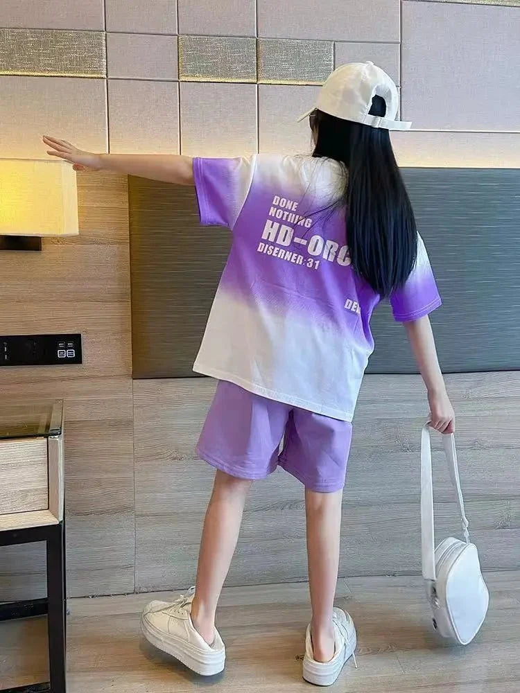 Children's Boy Clothes Set Summer Gradient Letter T-shirts and Shorts Suit Teenage Short Sleeve Top Bottom 2 Pieces Tracksuit - Mom & Kids