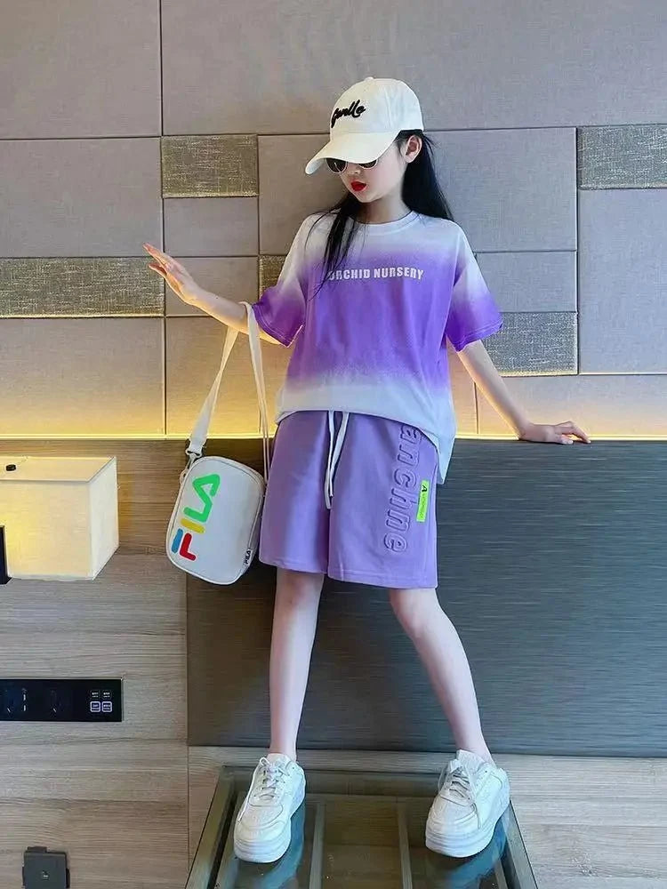 Children's Boy Clothes Set Summer Gradient Letter T-shirts and Shorts Suit Teenage Short Sleeve Top Bottom 2 Pieces Tracksuit - Mom & Kids
