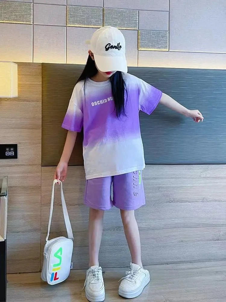 Children's Boy Clothes Set Summer Gradient Letter T-shirts and Shorts Suit Teenage Short Sleeve Top Bottom 2 Pieces Tracksuit - Mom & Kids