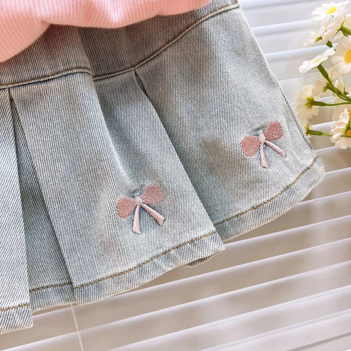 Children's Clothing Sets Cartoon Embroidered Lapel Sleeveless Top + Bow Embroidered Denim Skirt 2pcs Baby Girl Outfit Set - Mom & Kids