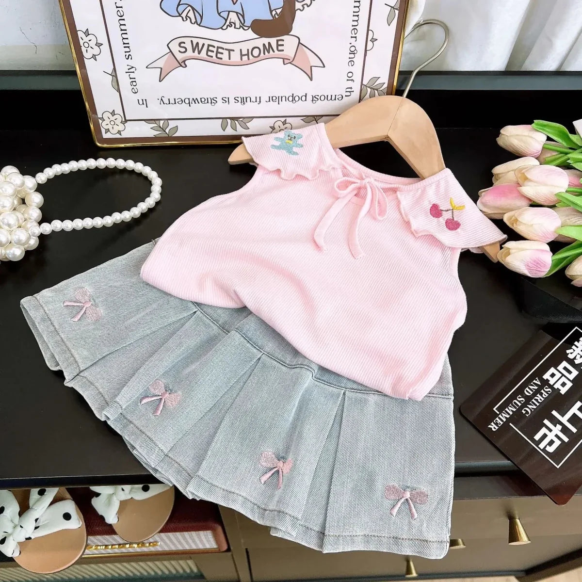 Children's Clothing Sets Cartoon Embroidered Lapel Sleeveless Top + Bow Embroidered Denim Skirt 2pcs Baby Girl Outfit Set - Mom & Kids