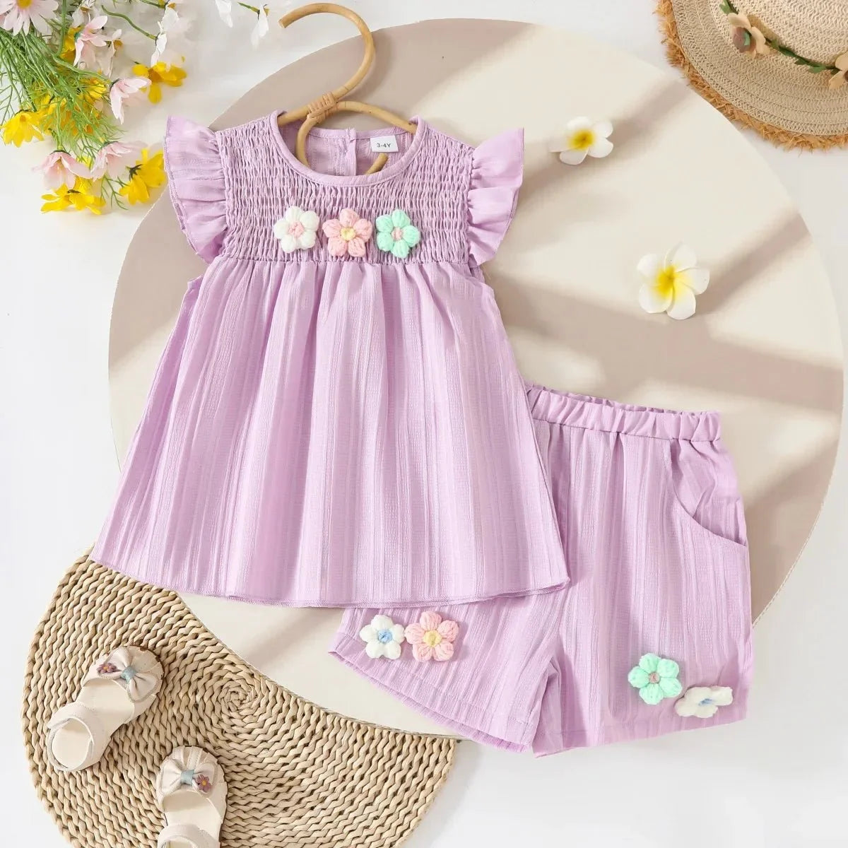 Children's Clothing Sets Small Flower Sleeveless Top + Bow Shorts 2pcs Sets Toddler Girl Clothes Kids Boutique Clothes - Mom & Kids