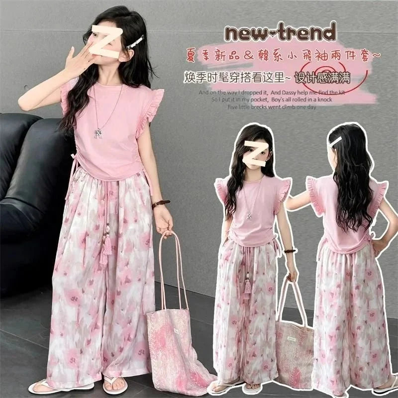 Children's Sets Girls Summer Thin Wide Leg Pants Set: Korean Trendy T-Shirt Two-Piece for Big Kids - Mom & Kids