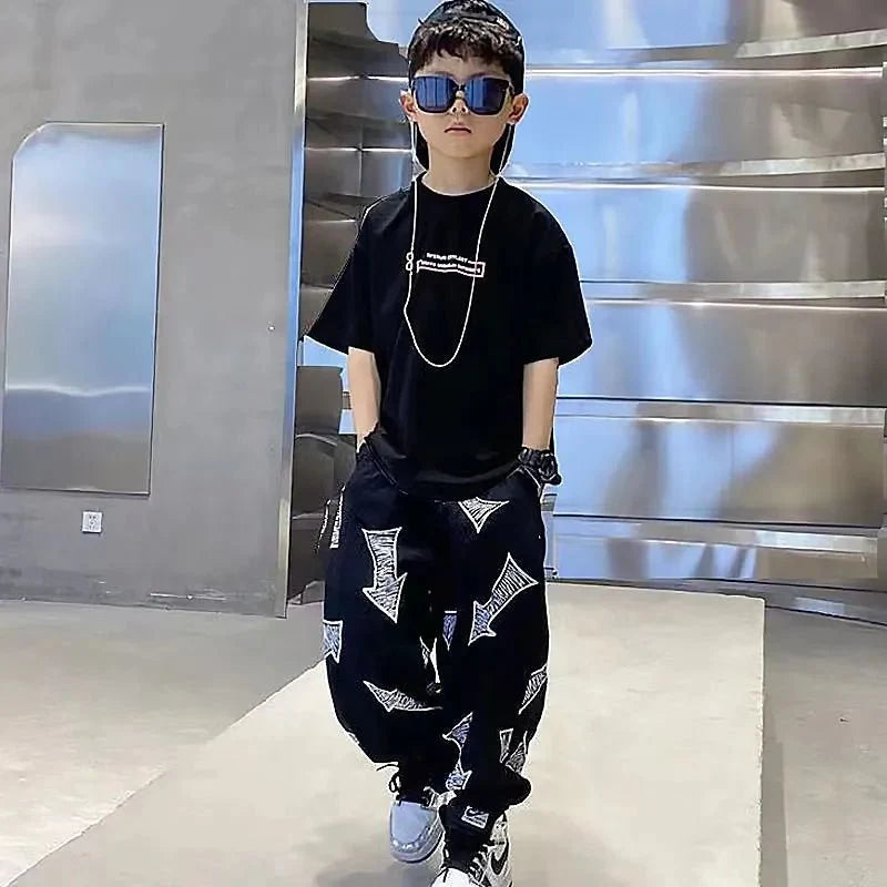 Children's Summer Set Korean Version Boy Hip Hop Loose Short Sleeve T-shirt Casual Mosquito Pants 2-piece Set