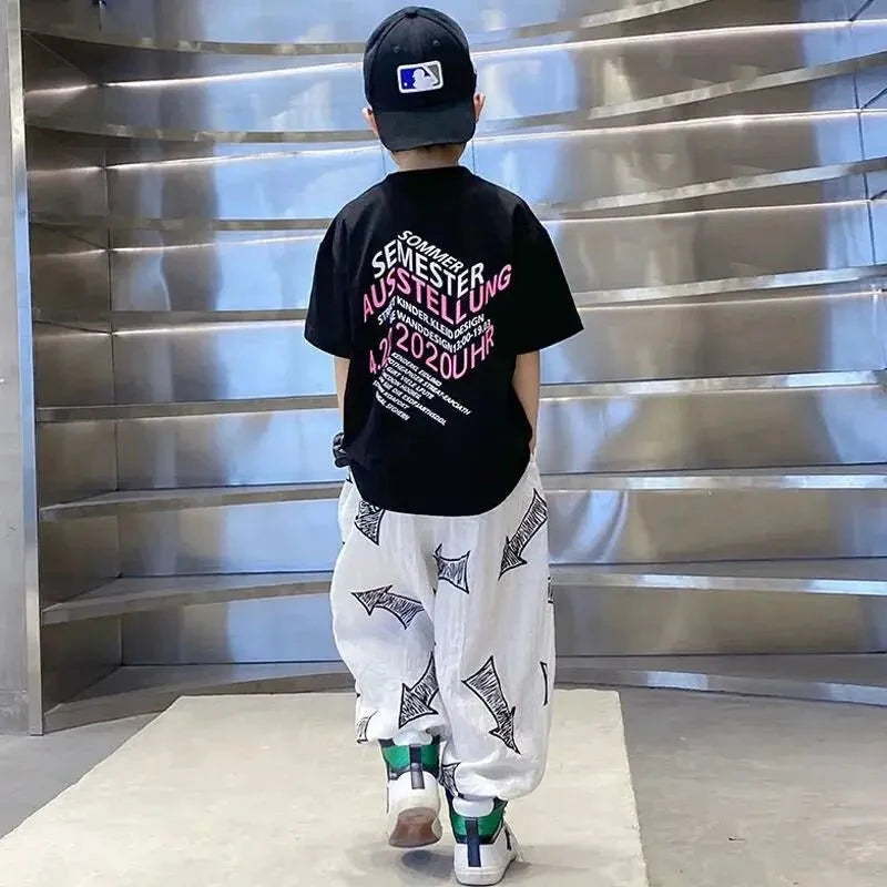 Children's Summer Set Korean Version Boy Hip Hop Loose Short Sleeve T-shirt Casual Mosquito Pants 2-piece Set - Mom & Kids