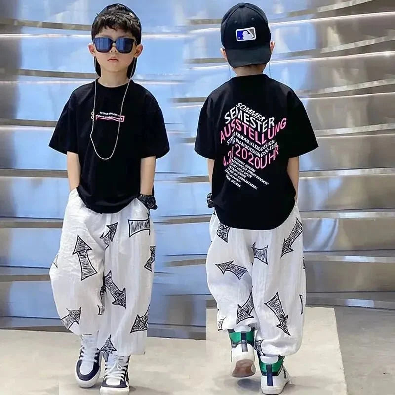 Children's Summer Set Korean Version Boy Hip Hop Loose Short Sleeve T-shirt Casual Mosquito Pants 2-piece Set - Mom & Kids