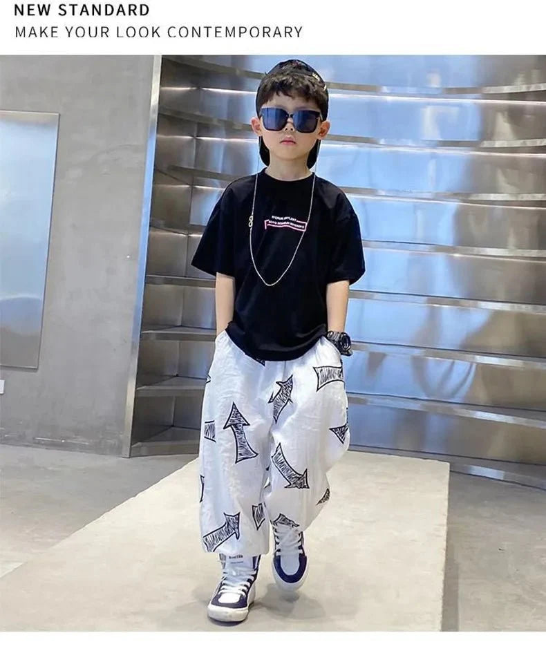 Children's Summer Set Korean Version Boy Hip Hop Loose Short Sleeve T-shirt Casual Mosquito Pants 2-piece Set - Mom & Kids