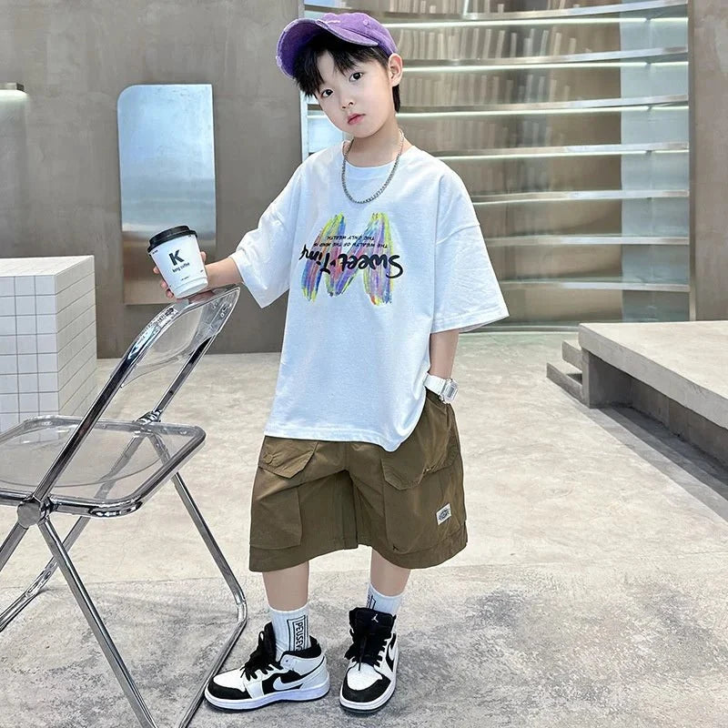 Clothing Sets Big Children Short-sleeved Top+Shorts Suits Teenager T-shirt Loose Sports 2Pcs Outfits - Mom & Kids