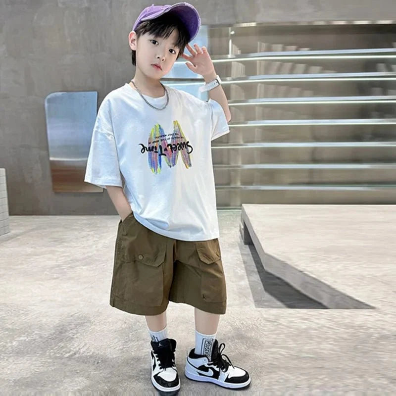 Clothing Sets Big Children Short-sleeved Top+Shorts Suits Teenager T-shirt Loose Sports 2Pcs Outfits - Mom & Kids