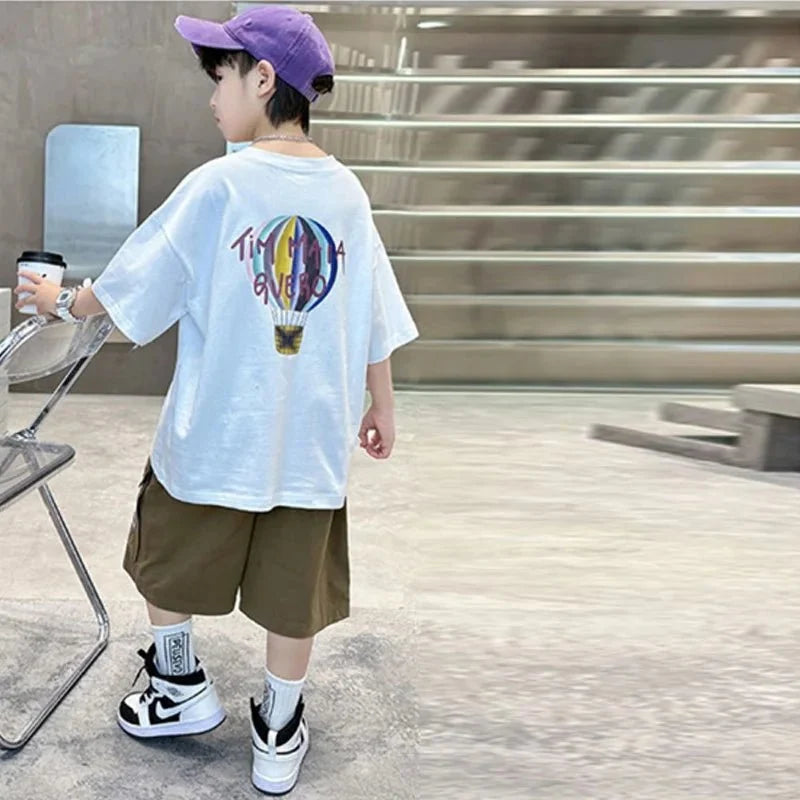 Clothing Sets Big Children Short-sleeved Top+Shorts Suits Teenager T-shirt Loose Sports 2Pcs Outfits - Mom & Kids