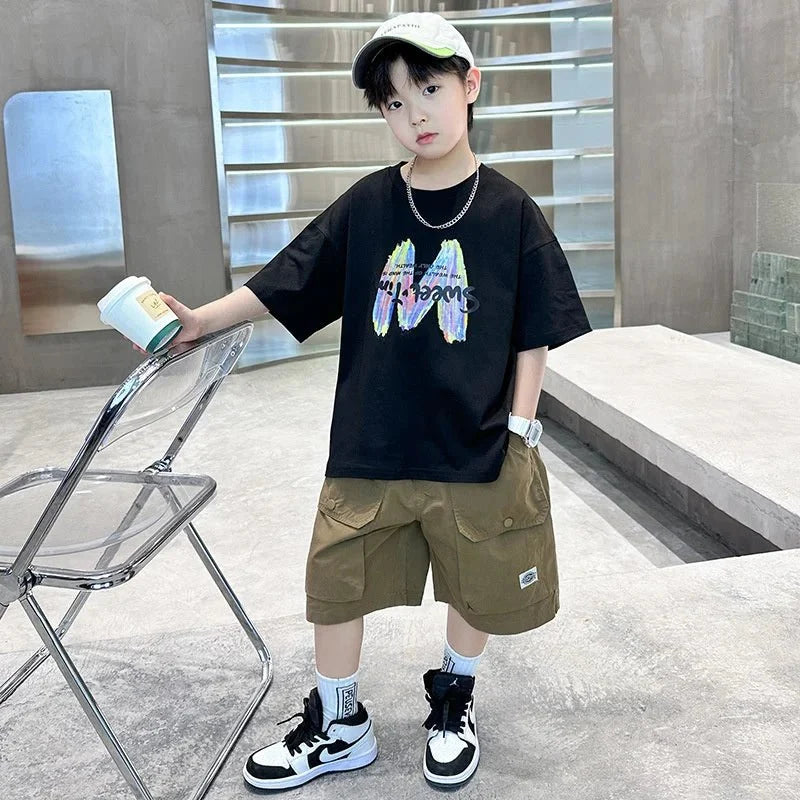 Clothing Sets Big Children Short-sleeved Top+Shorts Suits Teenager T-shirt Loose Sports 2Pcs Outfits - Mom & Kids