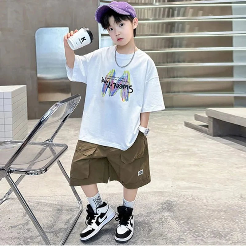 Clothing Sets Big Children Short-sleeved Top+Shorts Suits Teenager T-shirt Loose Sports 2Pcs Outfits - Mom & Kids