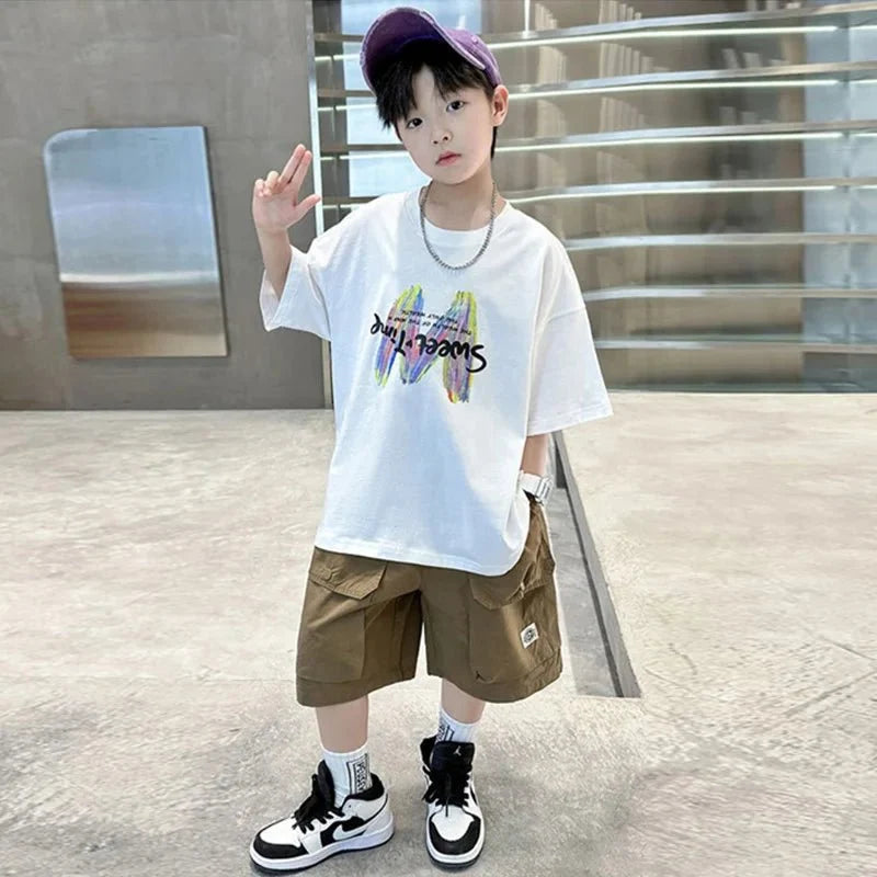 Clothing Sets Big Children Short-sleeved Top+Shorts Suits Teenager T-shirt Loose Sports 2Pcs Outfits - Mom & Kids