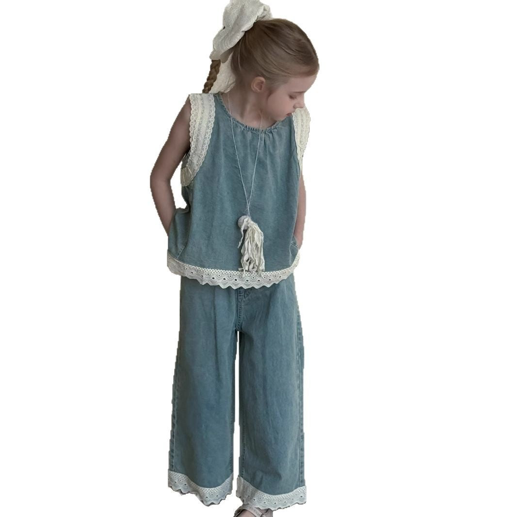 Girls' Lace Trim Denim Cropped Wide-leg Pants Sleeveless Vest Two-piece Set