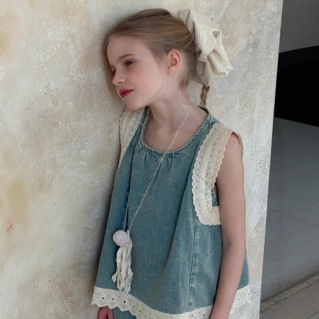 Girls' Lace Trim Denim Cropped Wide-leg Pants Sleeveless Vest Two-piece Set