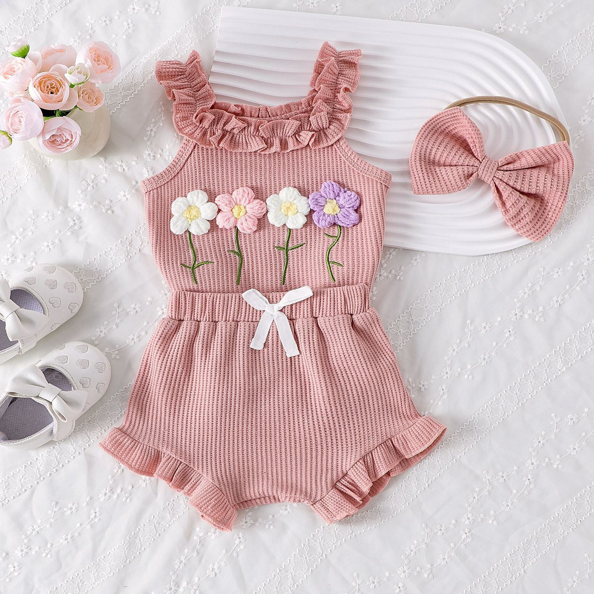 Girls' Summer Embroidered Three-piece Set With Suspenders