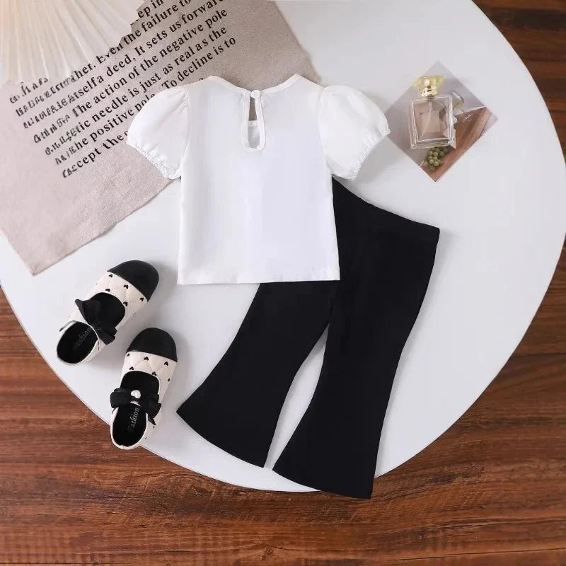 Europe United States summer girl suit new temperament girl suit child bubble sleeve short sleeve + micro pants two-piece set - Mom & Kids