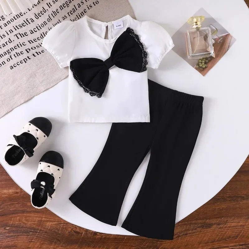 Europe United States summer girl suit new temperament girl suit child bubble sleeve short sleeve + micro pants two-piece set - Mom & Kids