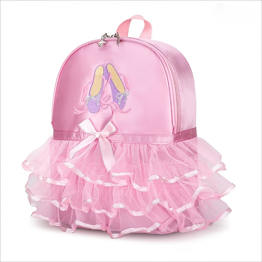 Chic Magenta Ballet Dance Backpack with Embroidered Shoes & Bow Detail - Lightweight, Foldable Nylon School Bag with