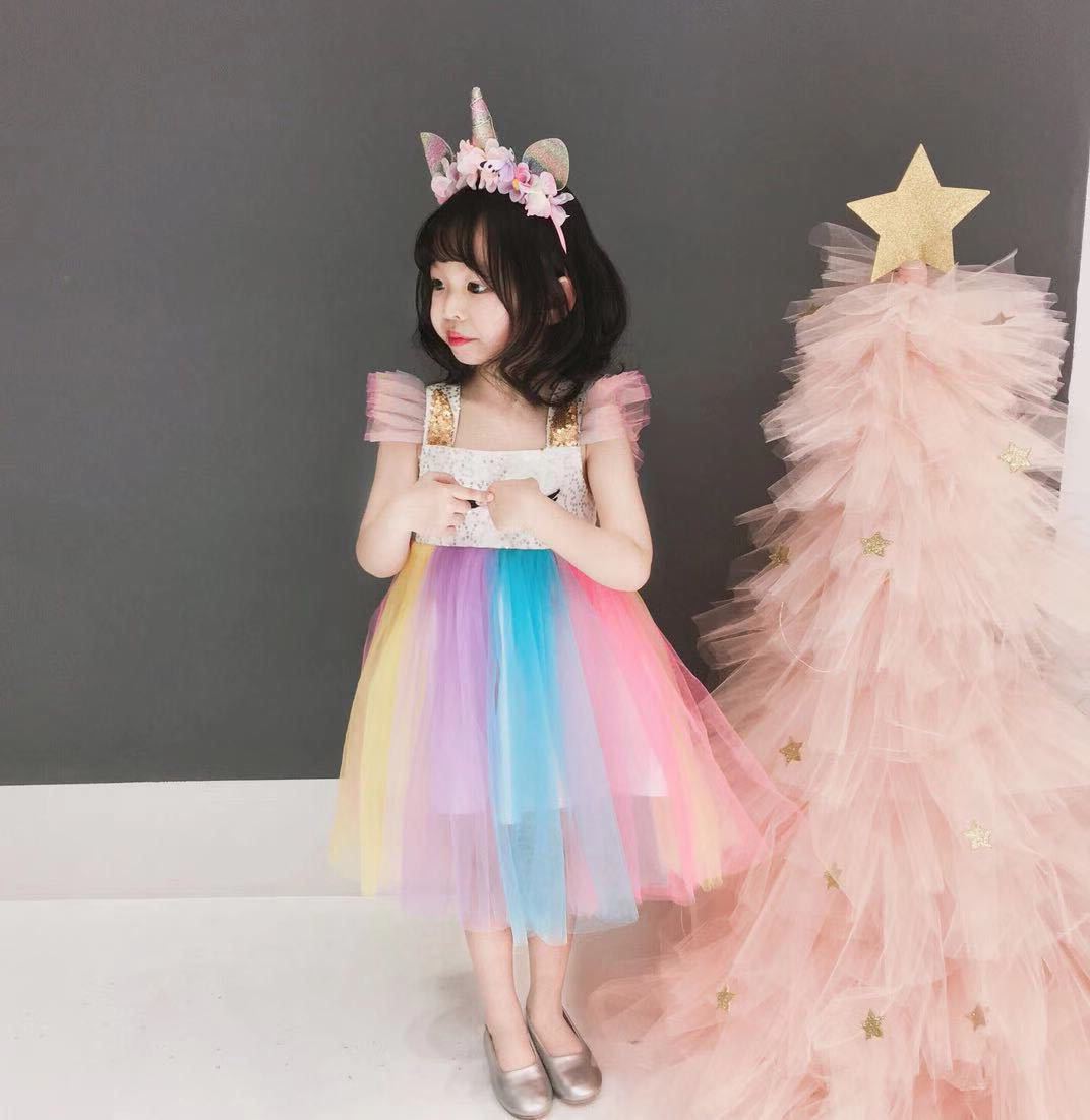 Girls' Summer Rainbow Dress Pompous Mesh