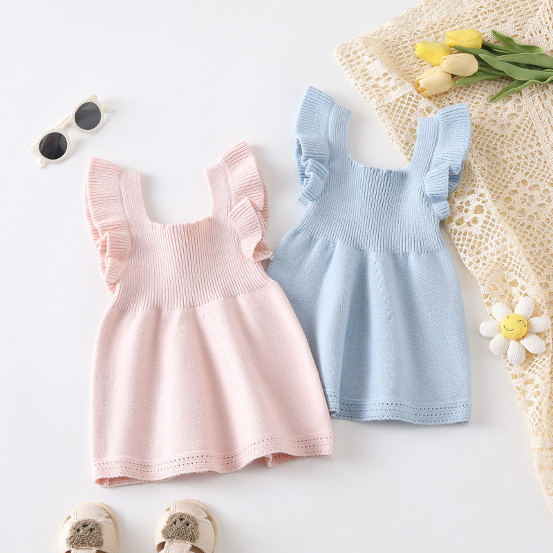 Girls' Stringy Selvedge Dress Flounced Sleeve Knitted Vest