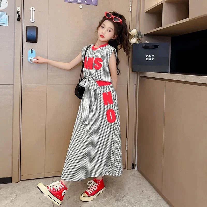 Girls Clothes Summer Kids Fashion Letter Vest + Skirt 2pcs Set Children Clothing Suit Teen Girl Plaid Bowknot Sleeveless Outfits - Mom & Kids