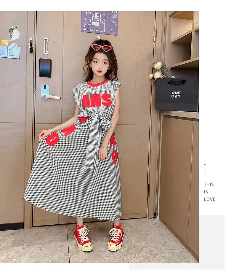 Girls Clothes Summer Kids Fashion Letter Vest + Skirt 2pcs Set Children Clothing Suit Teen Girl Plaid Bowknot Sleeveless Outfits - Mom & Kids
