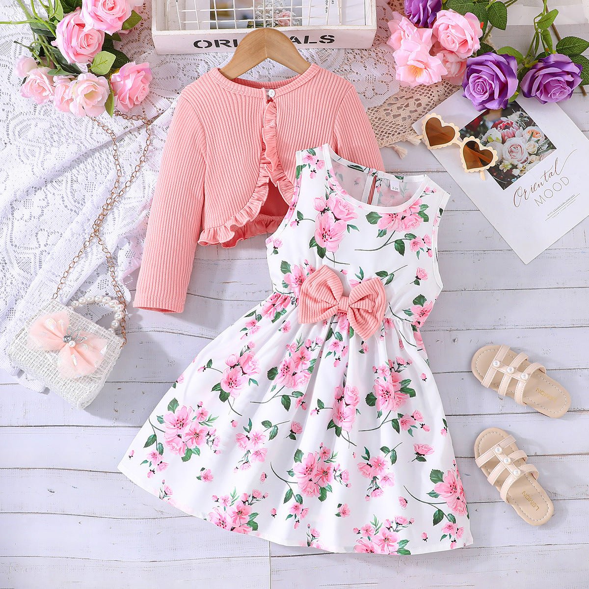Girls' Colorful Suspender Skirt Solid Color Coat Set