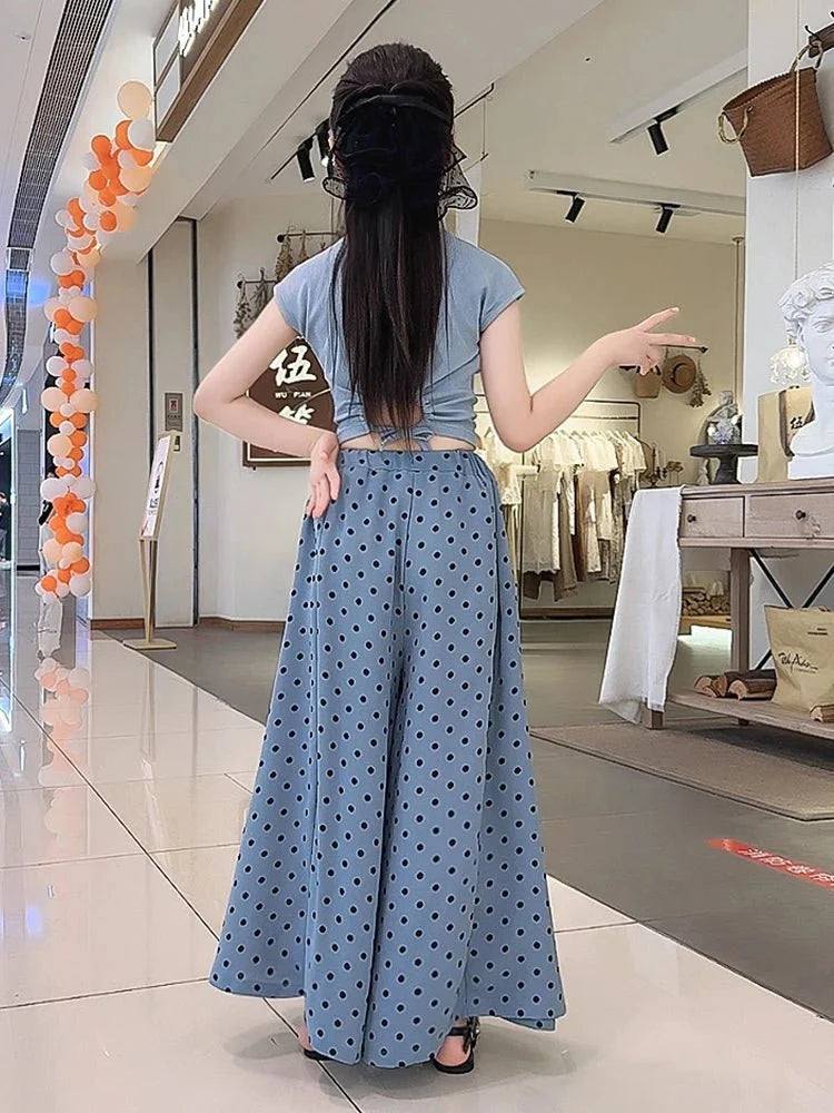 Girls set, summer children's fashion clothing, little girl wide leg pants, Korean version two-piece set, 4-12 years old - Mom & Kids