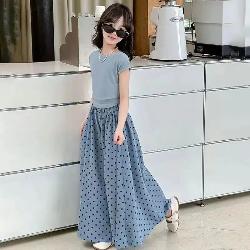 Girls set, summer children's fashion clothing, little girl wide leg pants, Korean version two-piece set, 4-12 years old - Mom & Kids