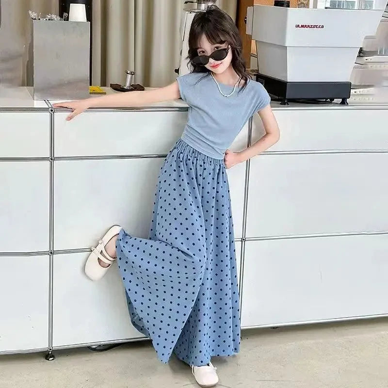 Girls set, summer children's fashion clothing, little girl wide leg pants, Korean version two-piece set, 4-12 years old - Mom & Kids