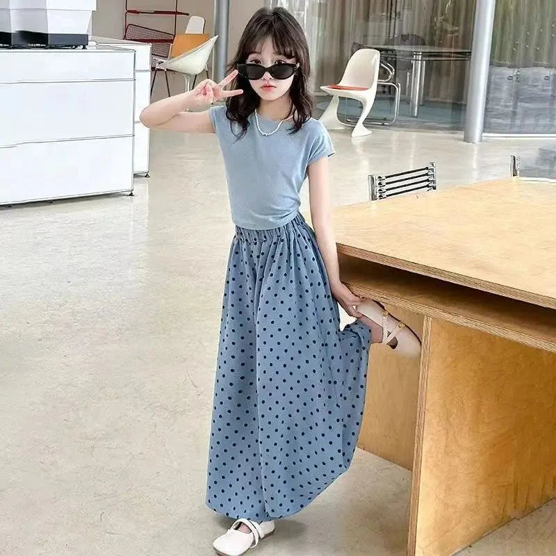 Girls set, summer children's fashion clothing, little girl wide leg pants, Korean version two-piece set, 4-12 years old - Mom & Kids