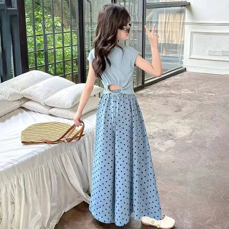 Girls set, summer children's fashion clothing, little girl wide leg pants, Korean version two-piece set, 4-12 years old - Mom & Kids