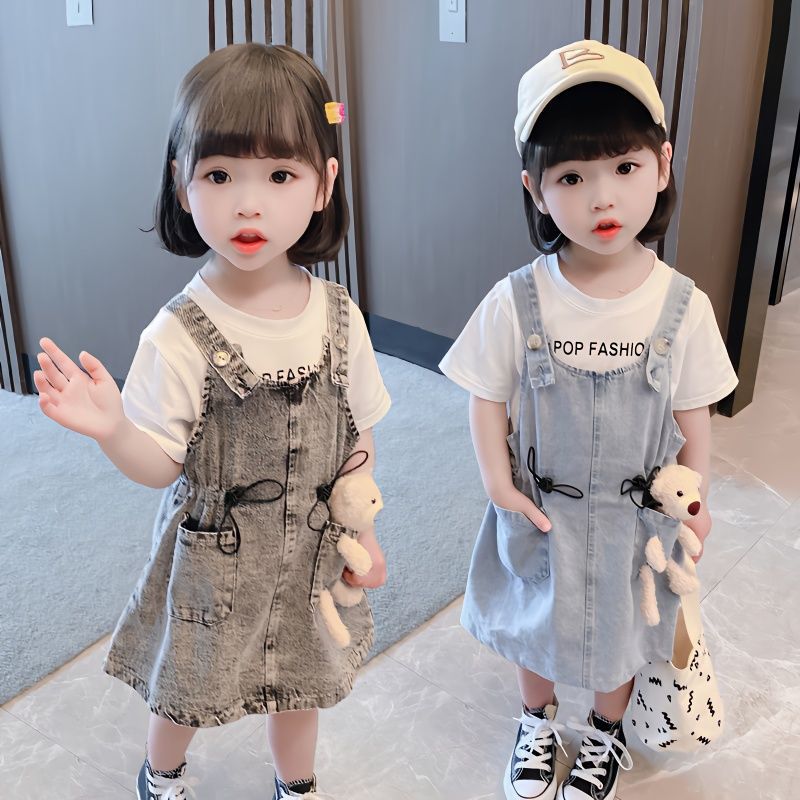 Girls Short Sleeve Top Suspender Dress Clothes Sets Summer Children Cotton T-Shirt Denim Dress 2pcs Outfit Bear (Available) - Mom & Kids