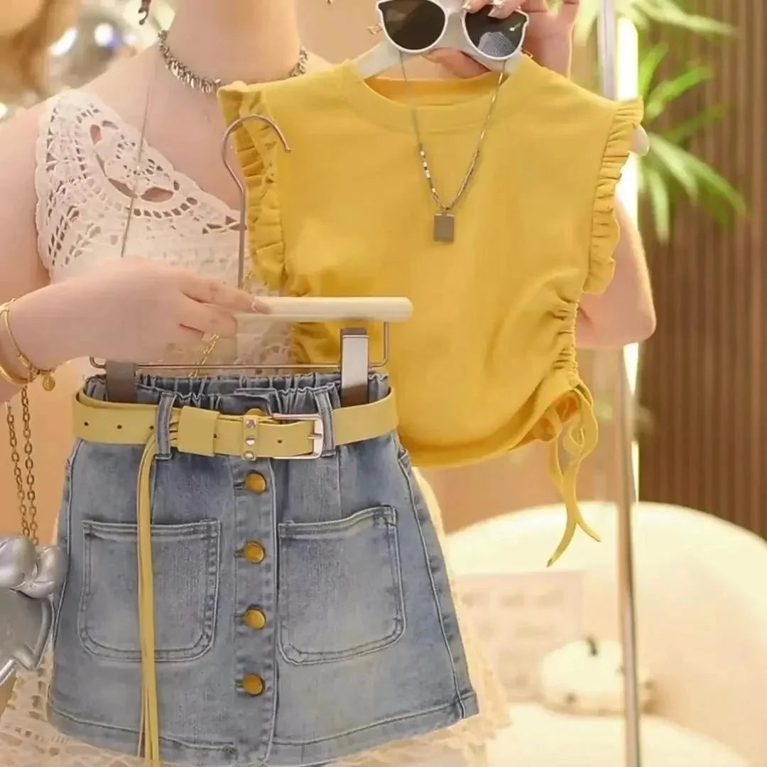 Girls' Summer Set 2026 New Children's Summer Sleeveless Yellow T-shirt+Cowboy Skirts Two-piece Set Without Belt - Mom & Kids