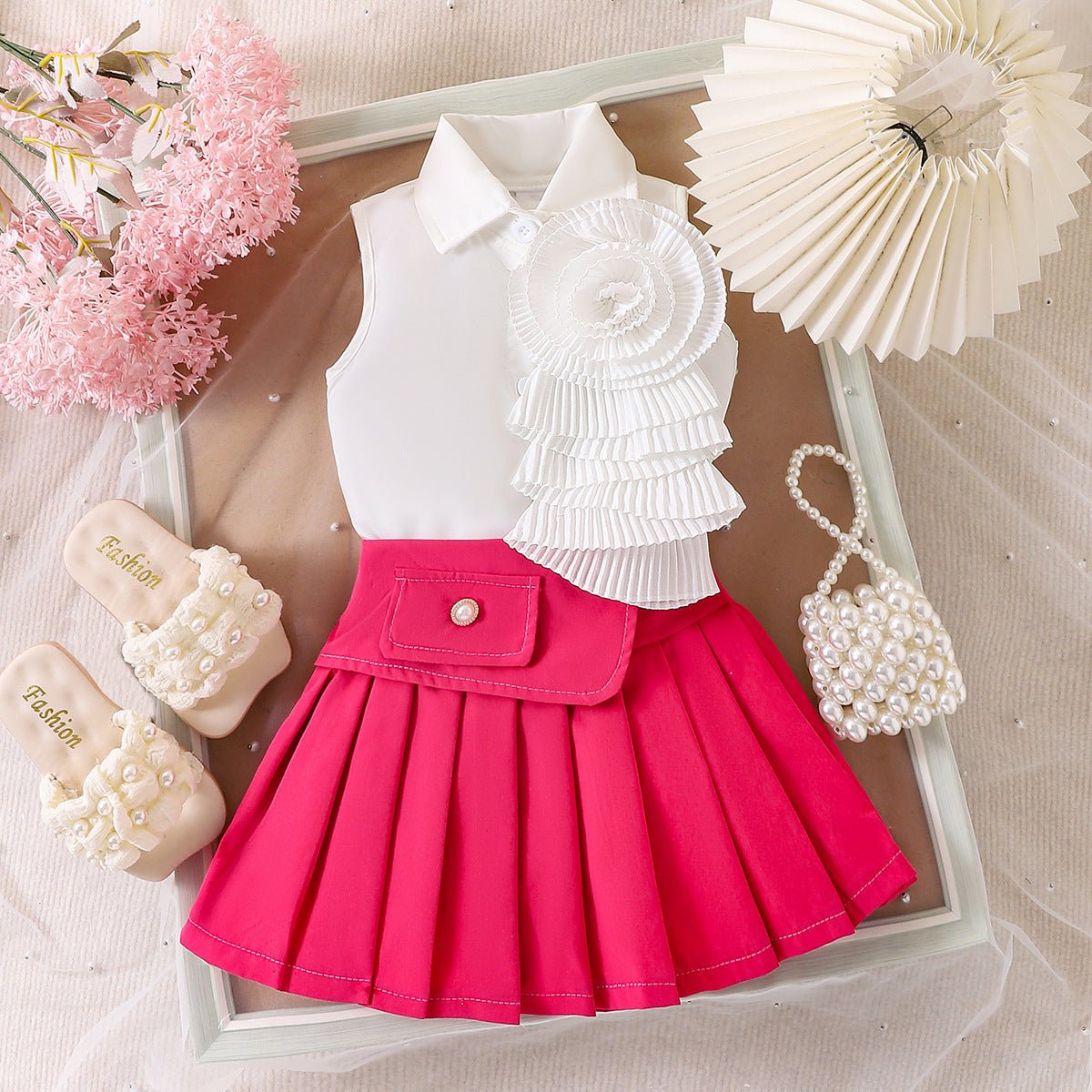 Girl's White Sleeveless Shirt With Rose Red Pleated Skirt Set