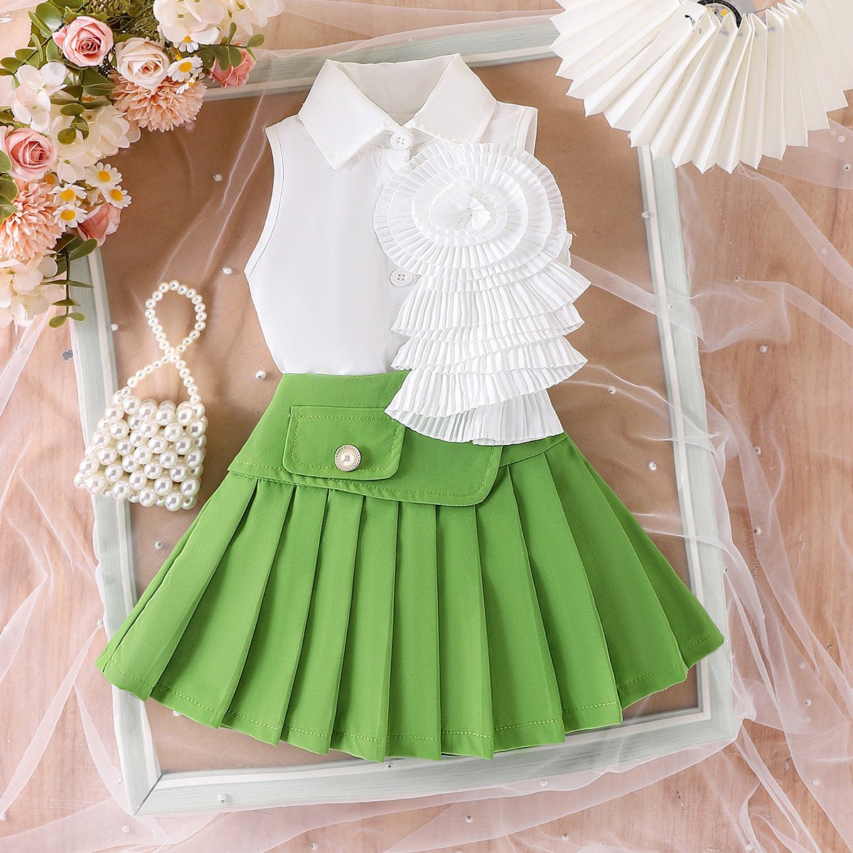 Girl's White Sleeveless Shirt With Rose Red Pleated Skirt Set