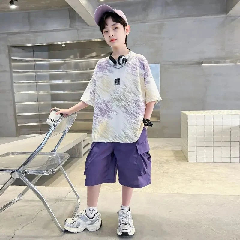 Hip Hop Children Cotton Solid Sportswear Kid Boys Clothing Set Boys Summer Suit Teen Boys Short Sleeve + Pants 2piece  loose