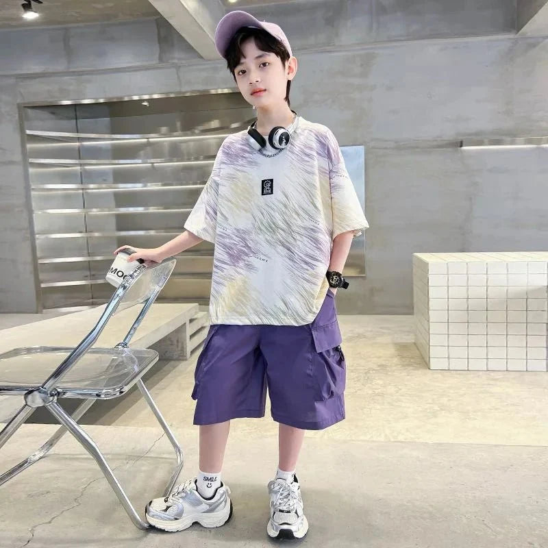 Hip Hop Children Cotton Solid Sportswear Kid Boys Clothing Set Boys Summer Suit Teen Boys Short Sleeve + Pants 2piece loose - Mom & Kids