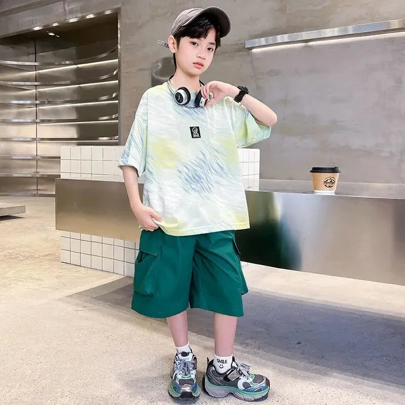 Hip Hop Children Cotton Solid Sportswear Kid Boys Clothing Set Boys Summer Suit Teen Boys Short Sleeve + Pants 2piece loose - Mom & Kids