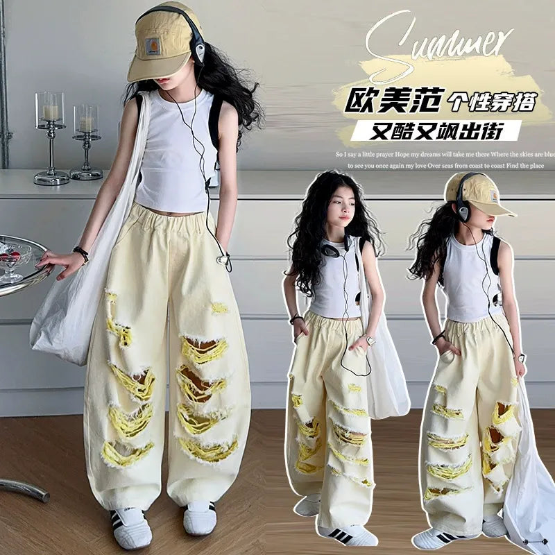 Trendy Cool Jeans Casual Vest Two-piece Set Ripped Pants