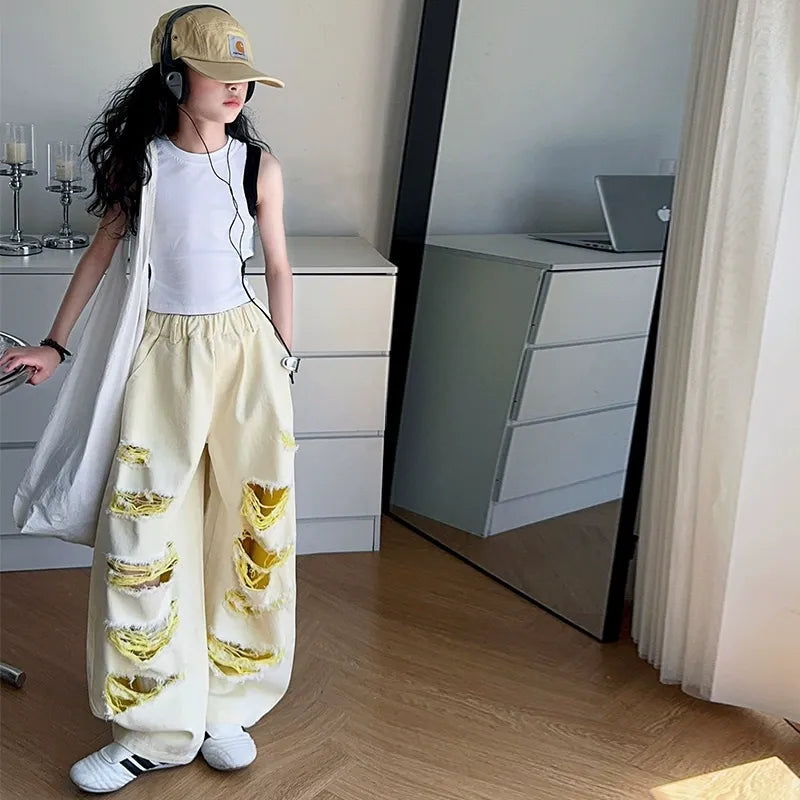 Trendy Cool Jeans Casual Vest Two-piece Set Ripped Pants
