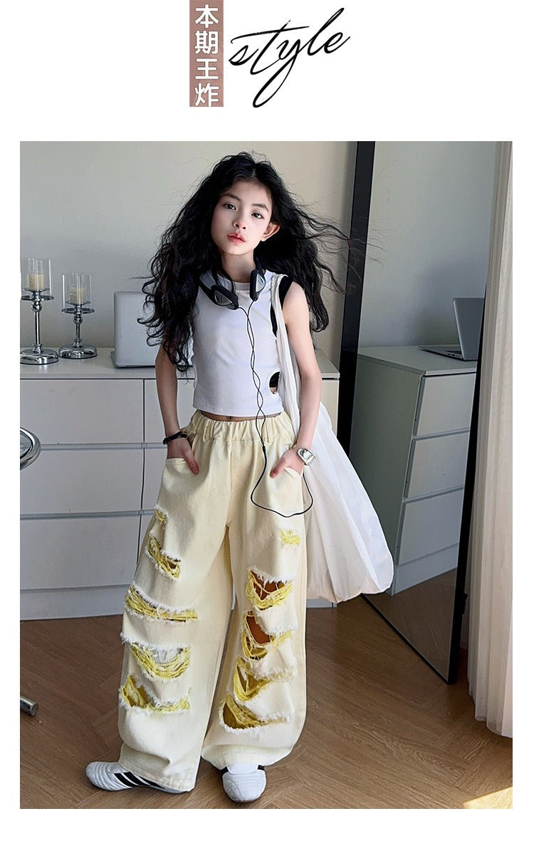 Trendy Cool Jeans Casual Vest Two-piece Set Ripped Pants
