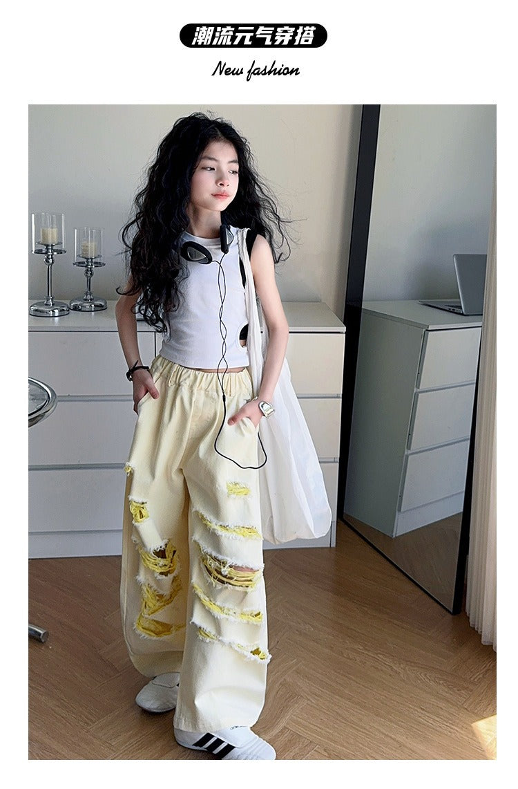 Trendy Cool Jeans Casual Vest Two-piece Set Ripped Pants