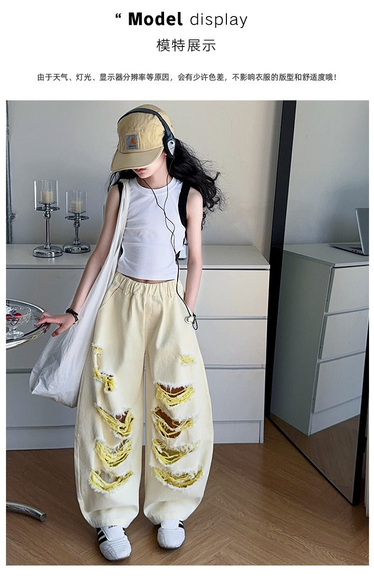 Trendy Cool Jeans Casual Vest Two-piece Set Ripped Pants