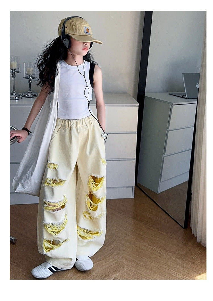 Trendy Cool Jeans Casual Vest Two-piece Set Ripped Pants